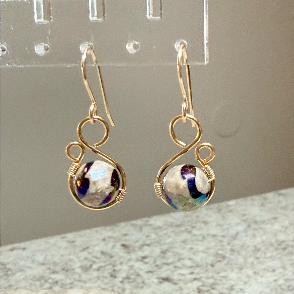Artisan Gold and Black Swirl Agate Stone Earrings.